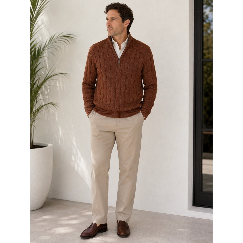 Oscar de la Renta Mens XL Quarter Zip Sweater Rust Brown Ribbed Knit Fleece Neck